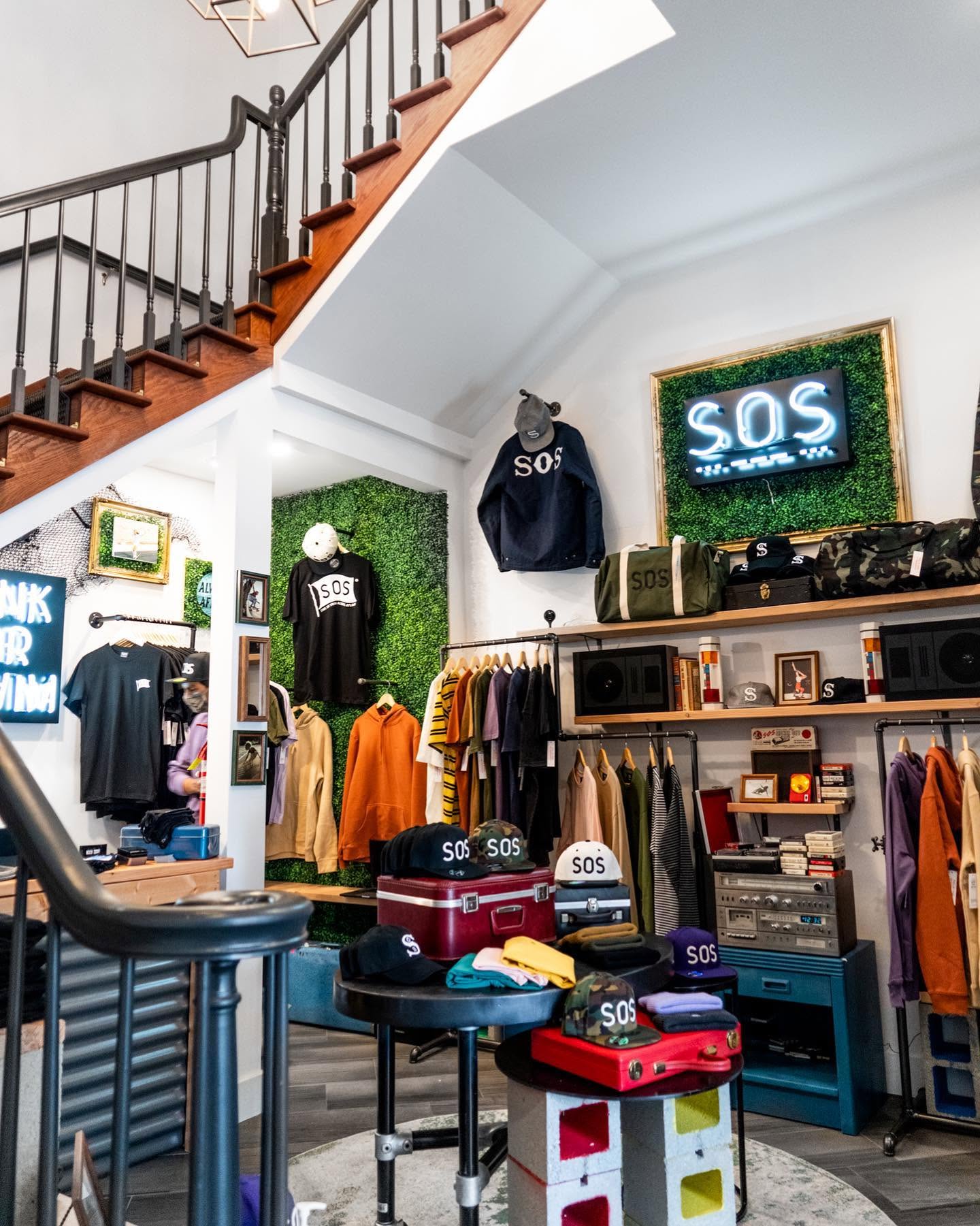 Wide view of the SOS retail store and visual merchandising